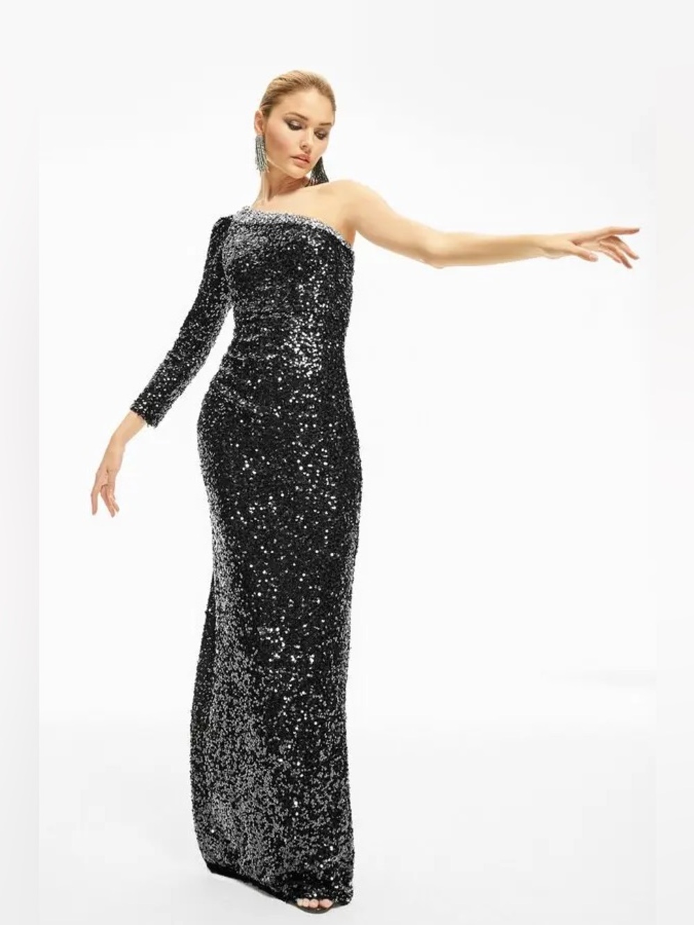 Sachin + Babi Black One-Shoulder Sequin Gown